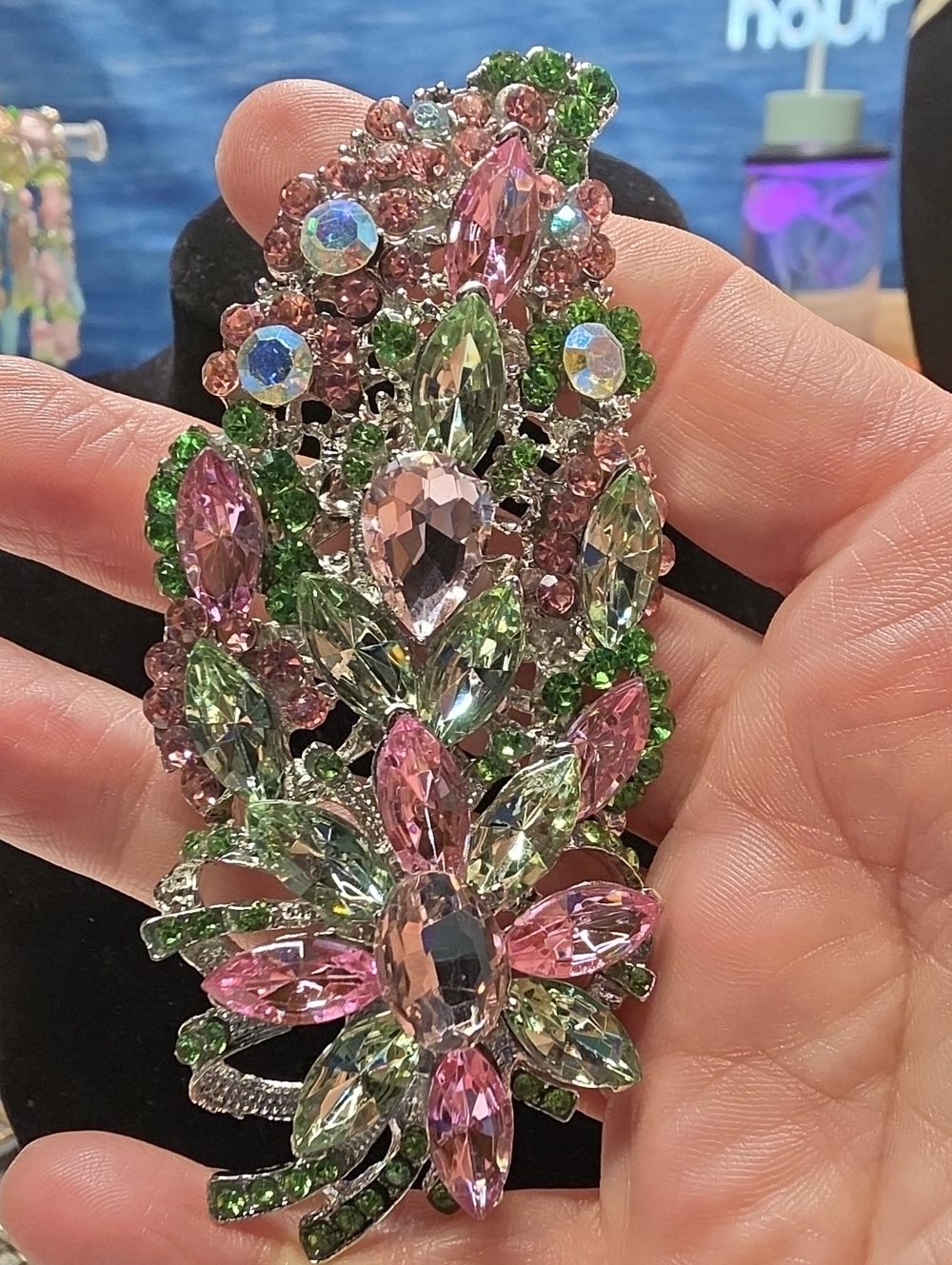 B8- Crystal Floral Statement Brooch/ Pendant Combo — Pink & Green